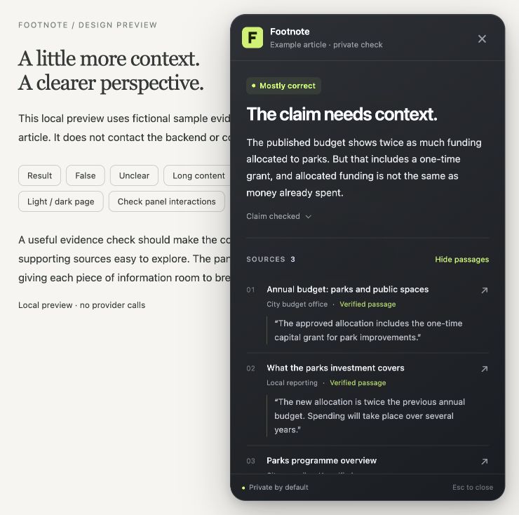 Expanded Footnote source list showing verified quotations beneath the source titles