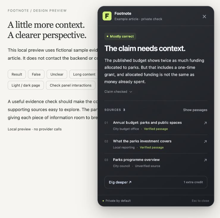Footnote result with Mostly correct label, explanatory summary, three source links and a Dig deeper button